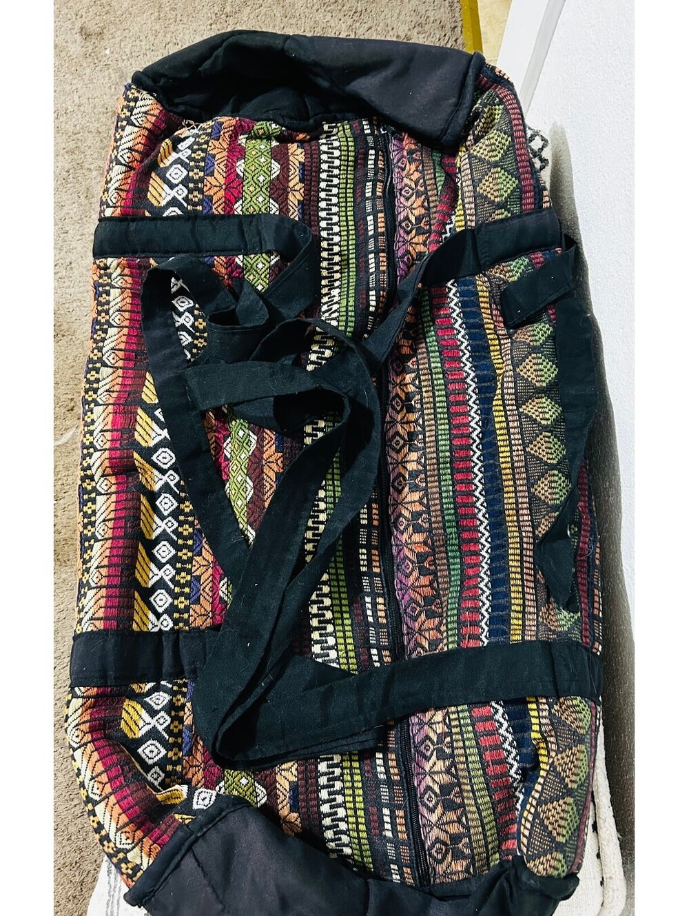 VTG 90s Boho Woven Jacquard Tapestry Duffle Bag XL Aztec Travel Weekender 36"